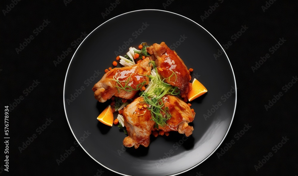  a plate of food with meat and vegetables on a black tablecloth with a black background and a black 