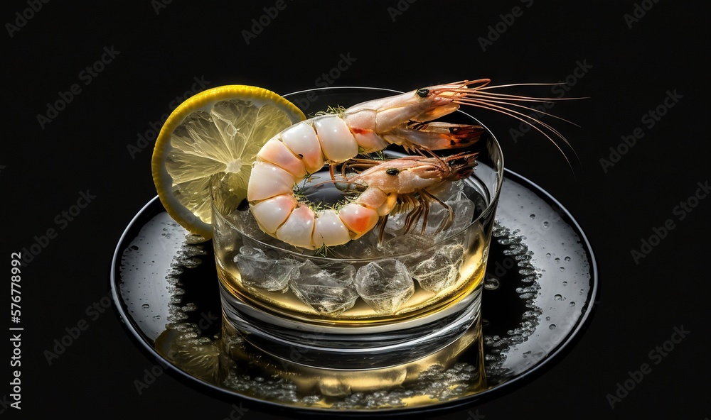  a glass of lemonade with shrimp and lemon wedges on a black plate on a black background with a blac