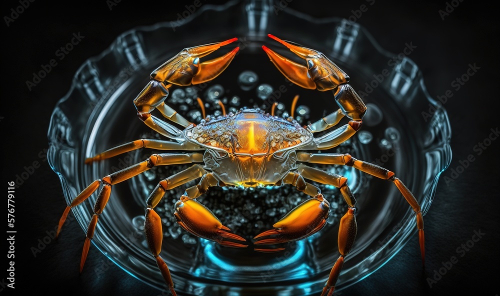  a close up of a crab on a plate with water droplets on its surface and a black background with a b