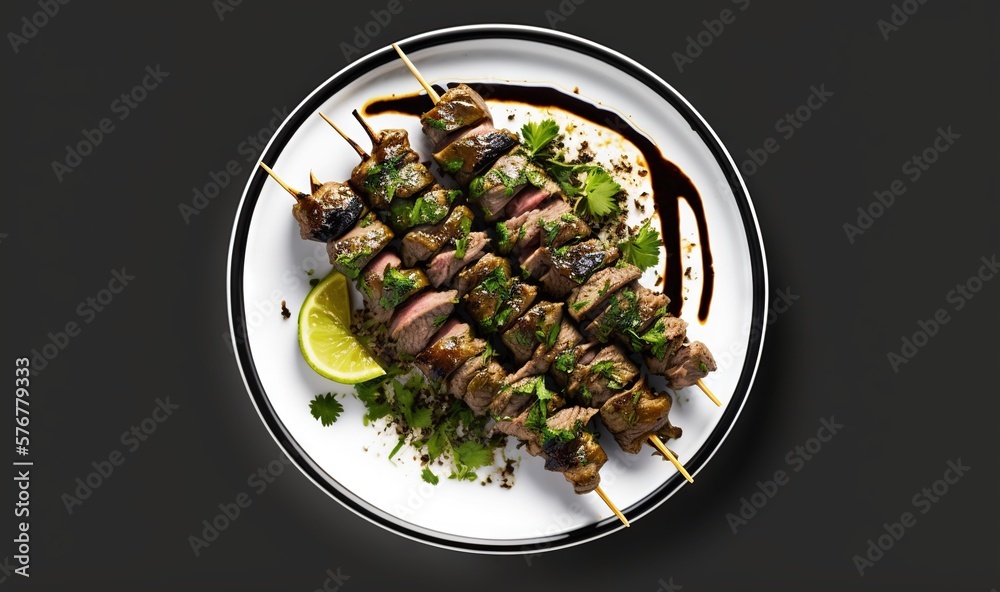  a white plate topped with meat and broccoli on a black tablecloth next to a lime wedge and a lime w