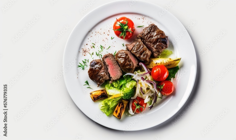  a white plate topped with meat and veggies next to a tomato and lettuce salad on top of a white tab