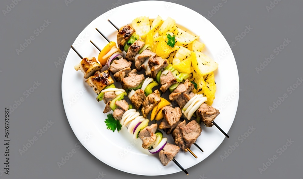  a white plate topped with meat and veggies on skewered skewered with onions and pineapples on a gra