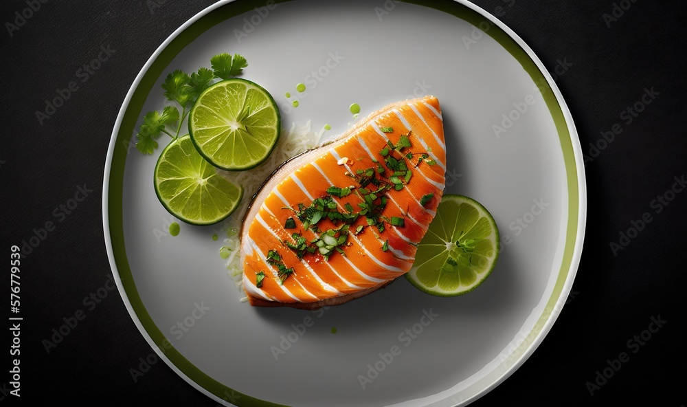  a white plate topped with a piece of fish next to a slice of lime and a slice of lime on top of ric