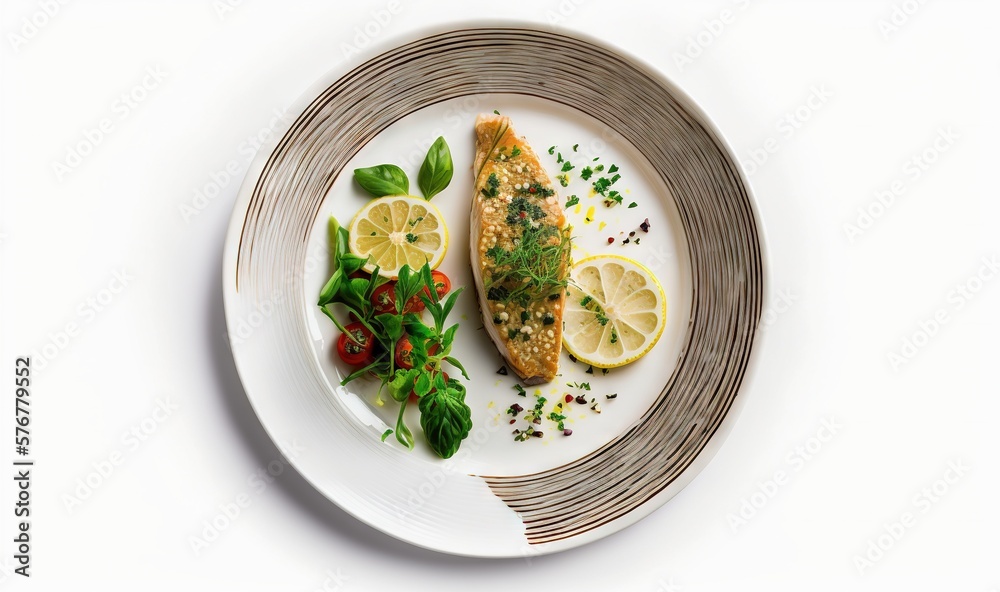  a white plate topped with a fish and a salad of lemons and herbs next to a fork and a glass of wate