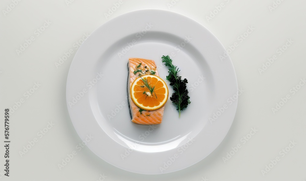  a white plate topped with a piece of salmon and an orange slice on top of a green garnish on a whit