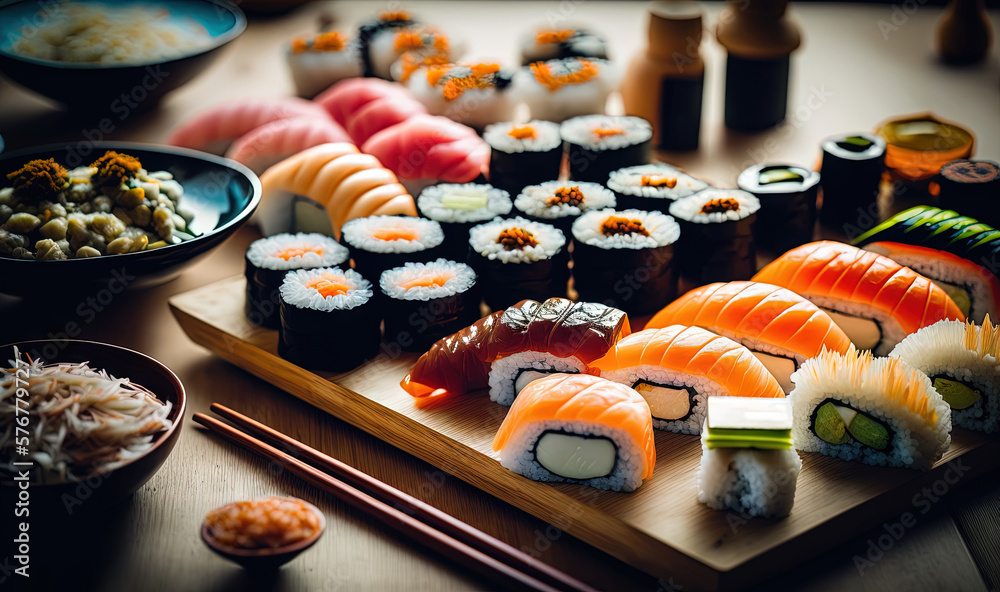  a wooden tray topped with lots of different types of sushi and chopsticks next to a bowl of rice an