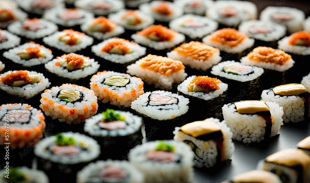  a close up of sushi rolls on a table with other sushi rolls in the background and a variety of othe