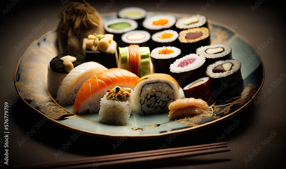  a plate of sushi and chopsticks on a table with chopsticks on the side of the plate and the plate w