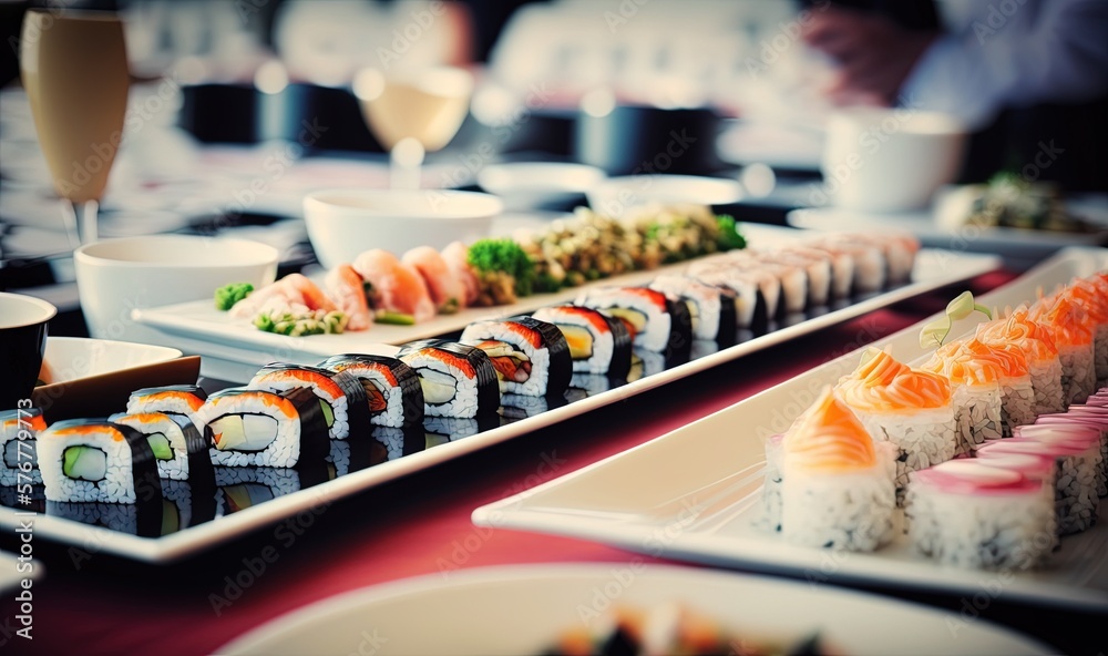  a table topped with plates of different types of sushi and rice cakes on plates next to a glass of 