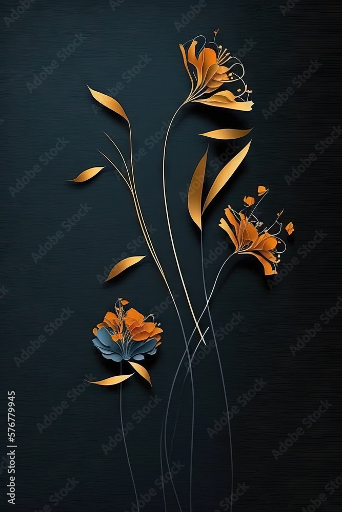  a painting of flowers on a black background with gold foil leaves and a butterfly on the top of the