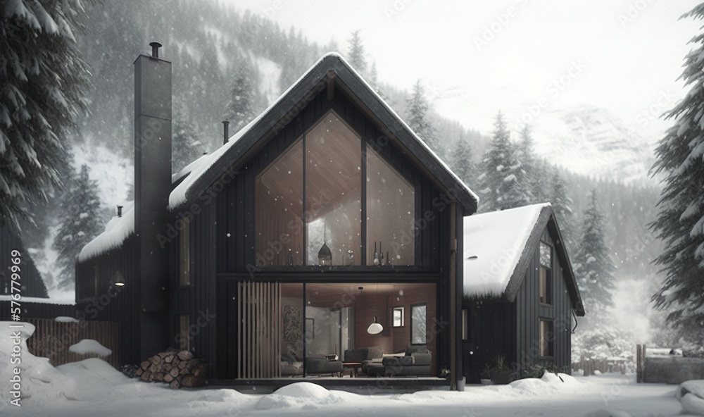  a house in the snow with a lot of snow on the ground and trees in the backgrounge of the house and 