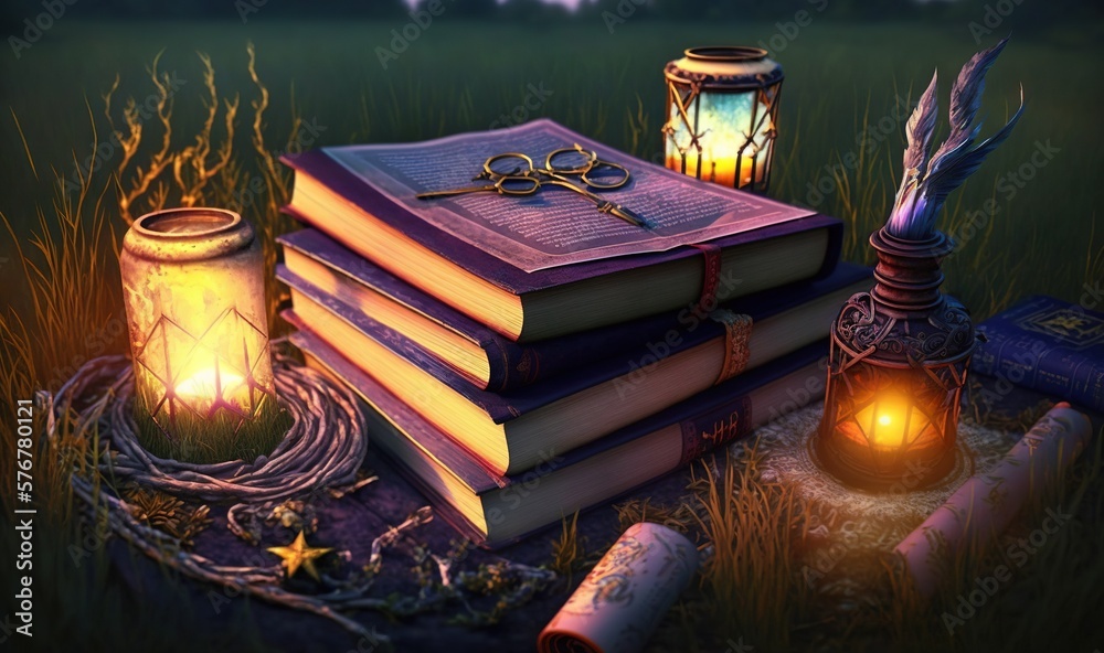  a stack of books sitting on top of a lush green field next to a candle and a book with a pair of sc