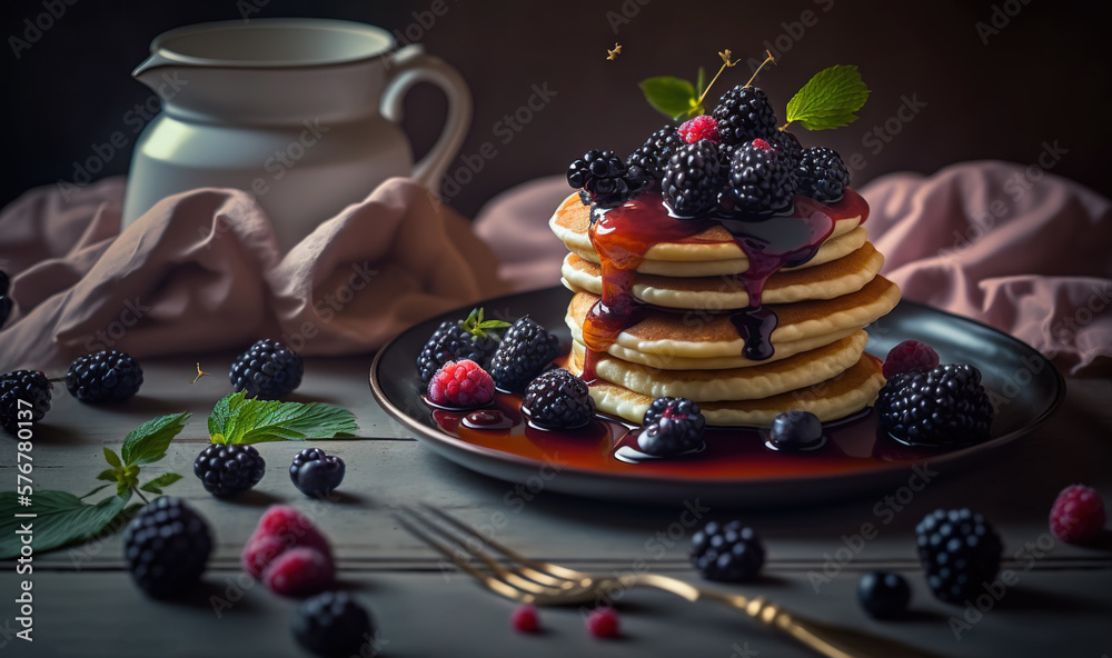  a stack of pancakes with berries and syrup on a plate with a cup of tea and a spoon on a tablecloth