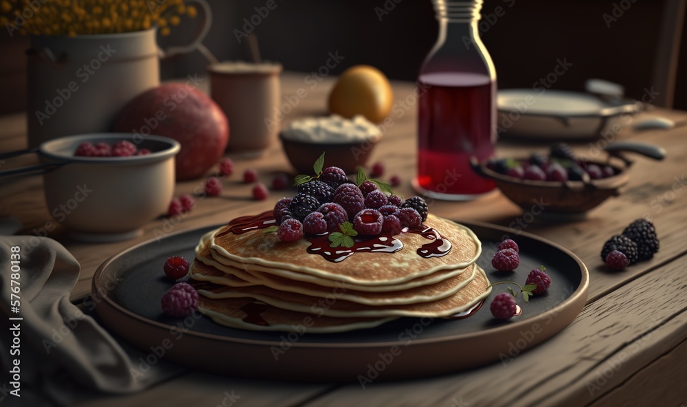  a plate of pancakes with berries and syrup on a table with a vase of flowers and a bottle of syrup 