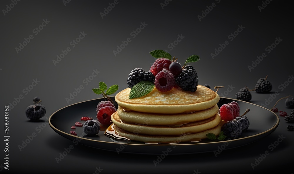  a stack of pancakes with berries and syrup on a black plate with a spoon and a black background wit