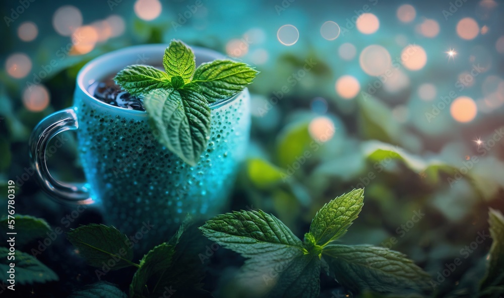  a cup of tea with a green leaf on top of it and some water droplets on the cup and leaves around it