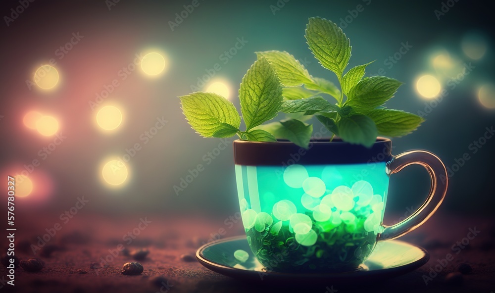  a cup with a plant inside of it sitting on a table next to a plate with a saucer on it and lights i