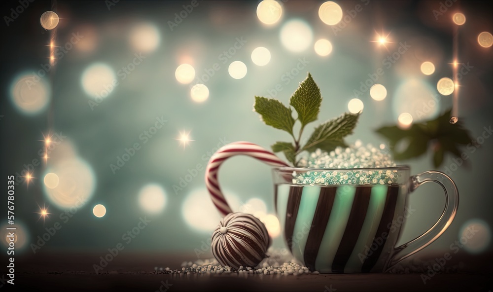  a cup of candy and a candy cane on a table with a blurry background and lights in the background is