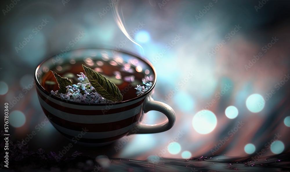  a cup of tea with a green leaf on top of it and a blurry background with lights behind it and a blu