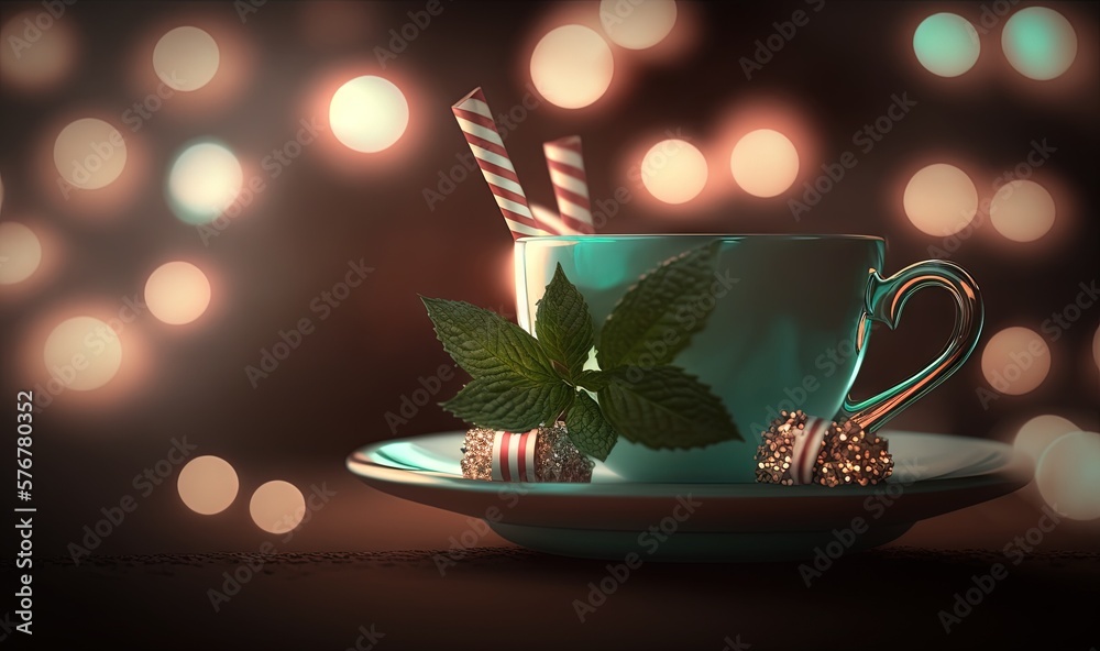  a cup of coffee with a candy cane in it and a mint leaf on a saucer on a saucer with lights in the 