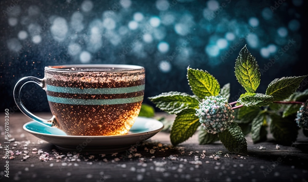  a cup of tea with a green leaf on a saucer and a blue saucer on a saucer on a wooden table with a b