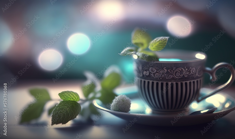  a cup of tea with a small plant in the middle of the tea cup on a saucer with a blurred background 