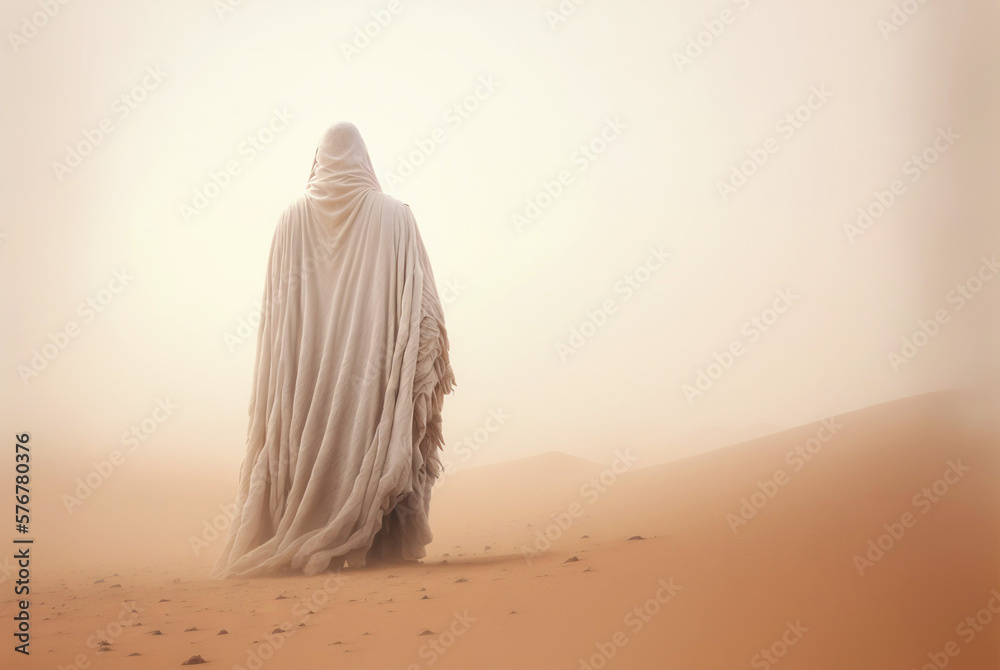 Man in white coat stand in a desert sands during the storm. Sand in a air, dusty mist. Generative AI