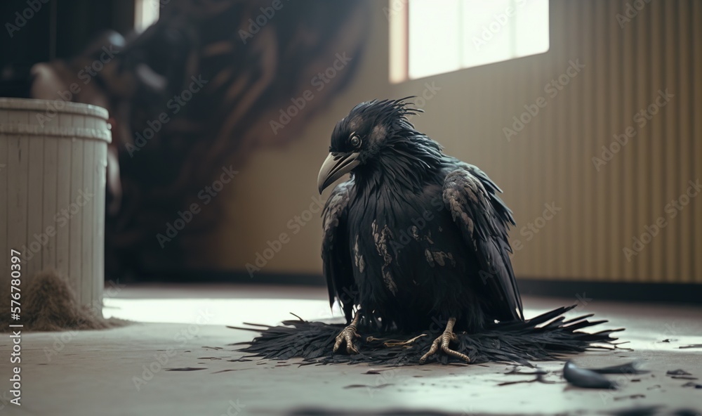  a black bird sitting on top of a pile of dead birdseed next to a white trash can in a room with a l