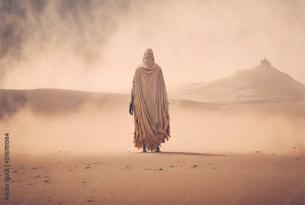 Man in white coat stand in a desert sands during the storm. Sand in a air, dusty mist. Generative AI