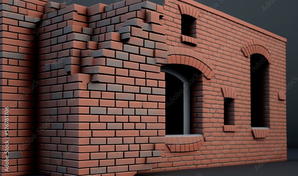  a red brick wall with a window and a door on its side and a brick wall in the middle of the wall w