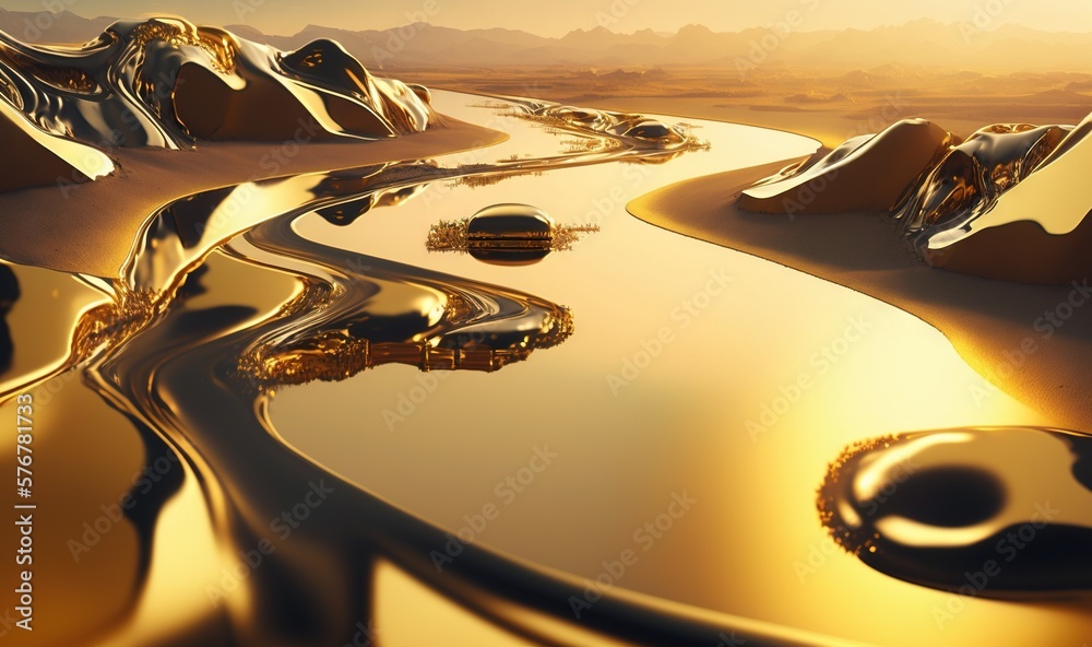  a computer generated image of a desert with a river running through the middle of it and mountains 