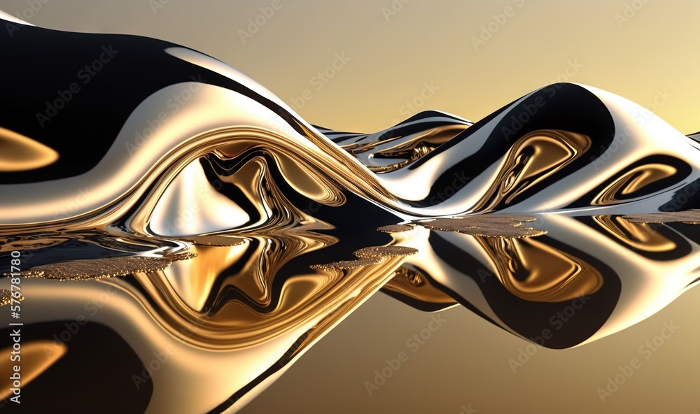  a computer generated image of gold and black curves and reflections on a black surface with a gold 