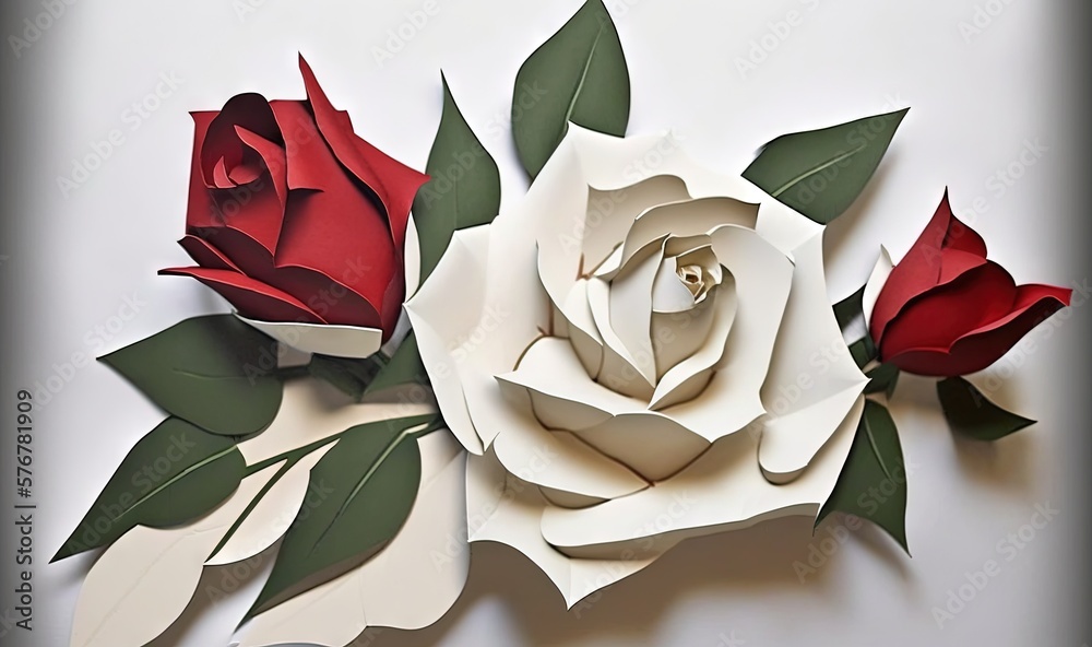  two paper roses with green leaves on a white background, one red and one white, are cut out of pape