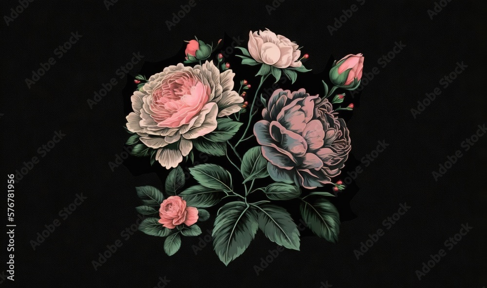  a bunch of flowers that are on a black background with green leaves and pink flowers on the petals 