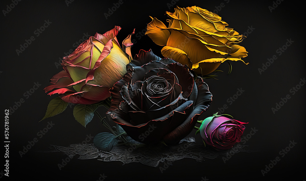  a group of three roses sitting on top of a black table top next to a black wall with a gold frame o