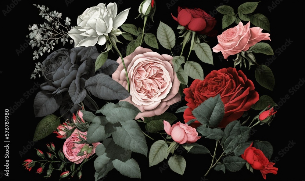  a painting of a bouquet of flowers on a black background with leaves and flowers in the middle of t