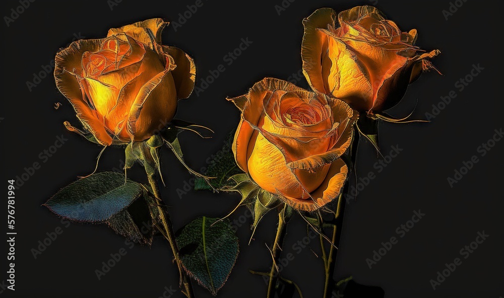  three orange roses with green leaves on a black background with a black background and a black back