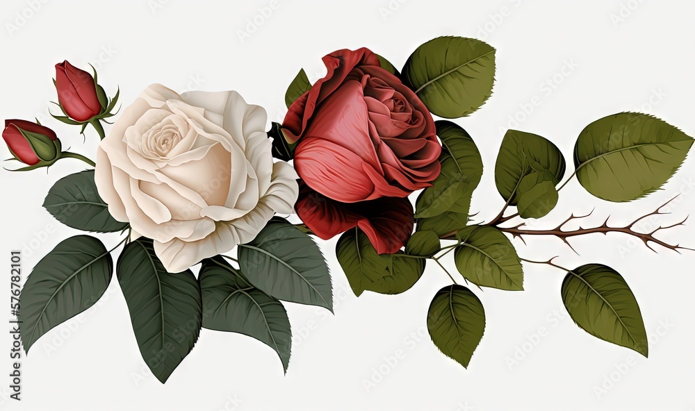  a drawing of a rose with leaves and buds on a white background with a white background and a red ro