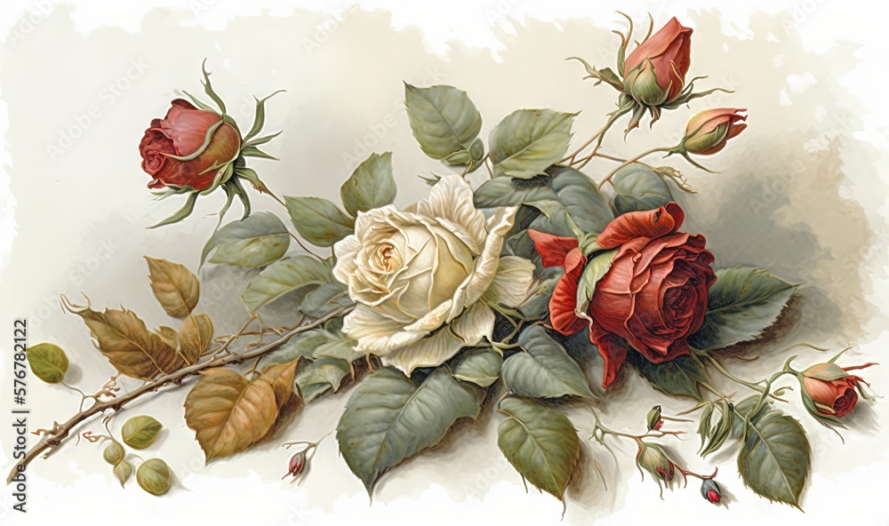  a painting of a bouquet of roses on a white background with green leaves and red flowers on the ste