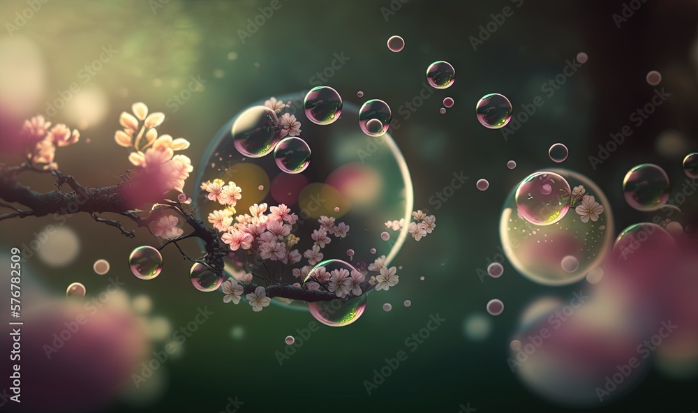  a branch with flowers and bubbles floating in the air on a green background with a blurry boke of p