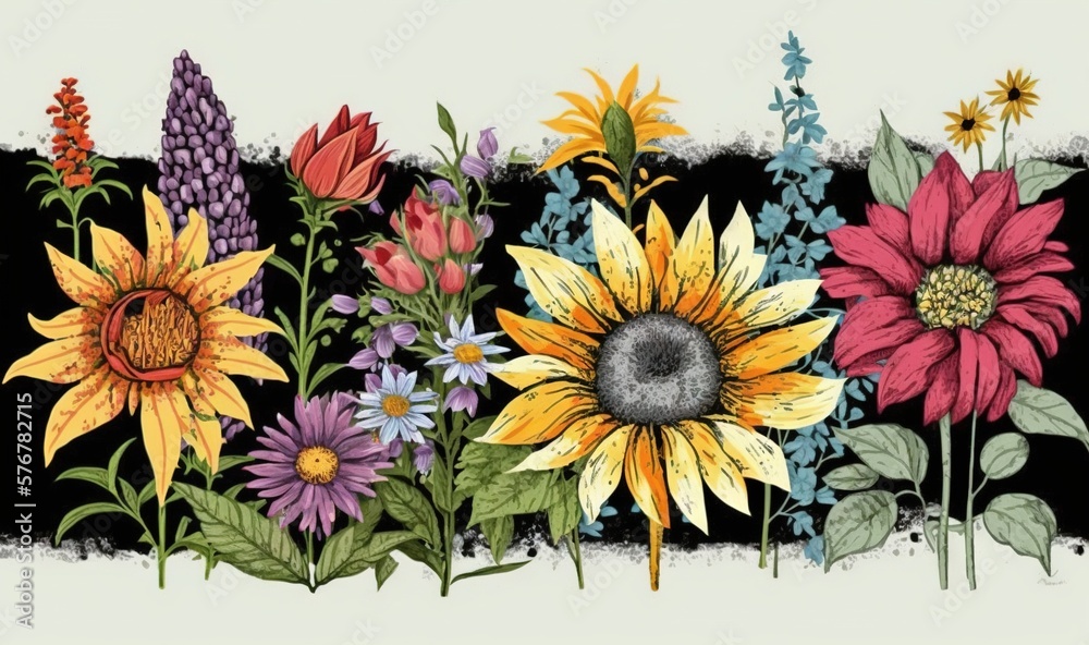  a bunch of flowers that are on a black and white background with a border of flowers in the middle 