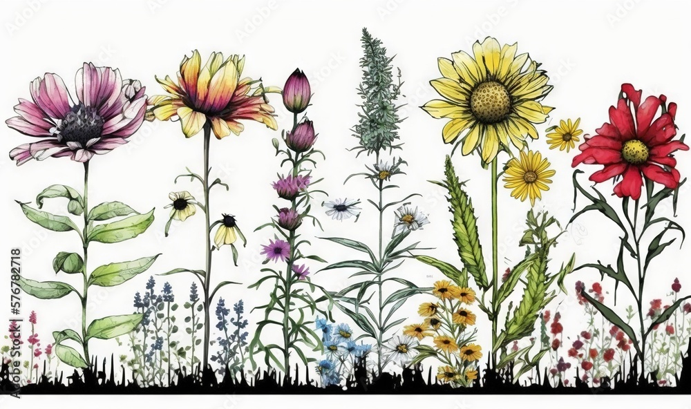  a drawing of a variety of flowers in a field with grass and flowers in the foreground, and a white 