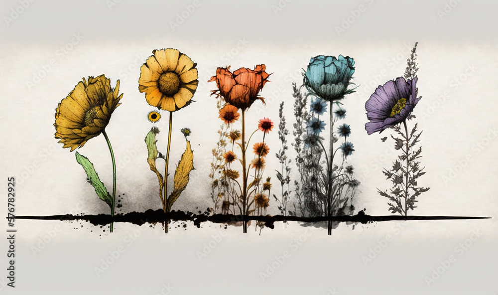  a drawing of a row of flowers on a white background with a black line in the middle of the row of t