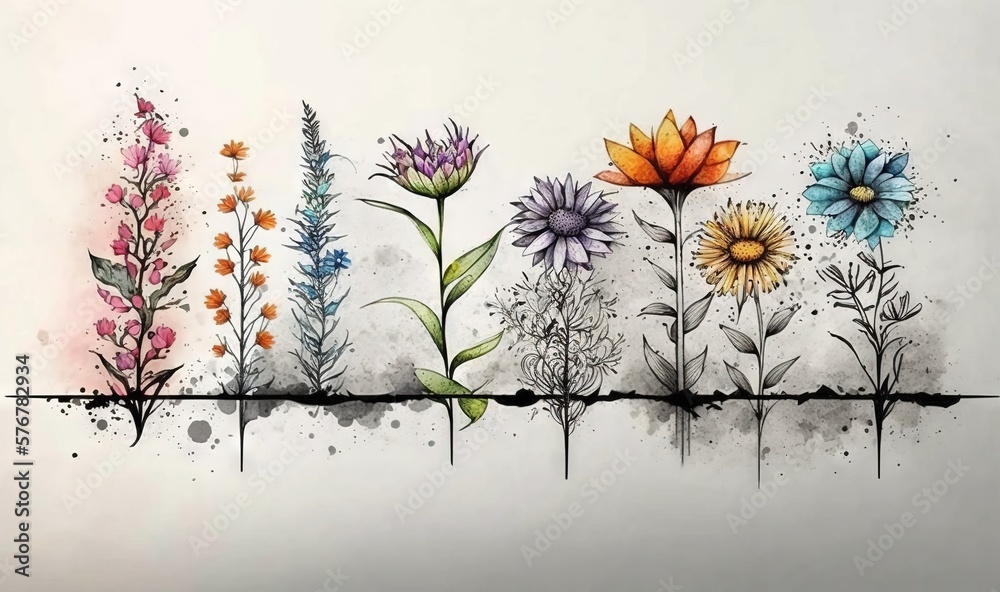  a painting of a row of flowers with watercolors on its sides and a line of flowers on the side of 