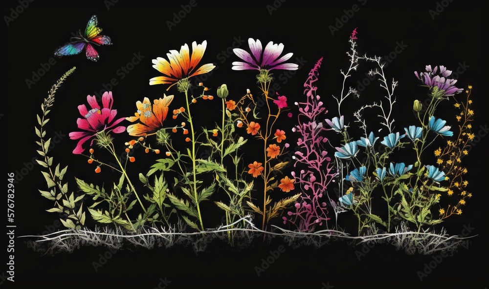  a painting of flowers and a butterfly on a black background with grass and flowers in the foregroun