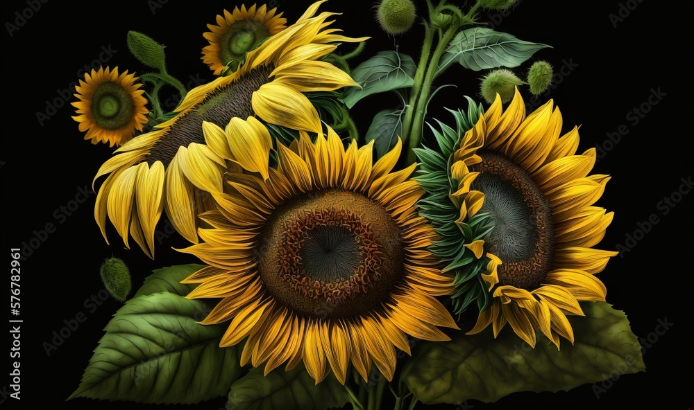  a painting of a bunch of sunflowers with leaves on a black background with a black background behin