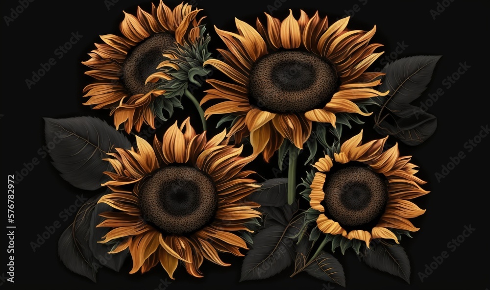  a bunch of sunflowers with leaves on a black background with a black background and a black backgro