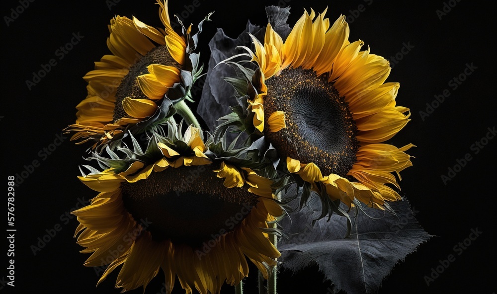  a bunch of sunflowers are in a vase on a black background with a black background and a black backg