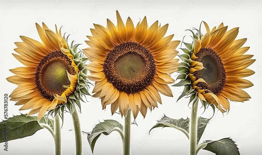  a group of three sunflowers sitting next to each other on top of a white surface with green leaves 