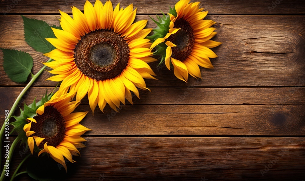  three sunflowers on a wooden surface with leaves and stems in the center of the picture, with a dar